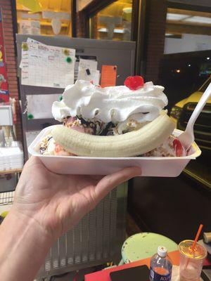 A banana split with hard ice cream