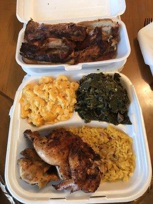 Cornish hens, yellow rice and Collard greens with macaroni and cheese