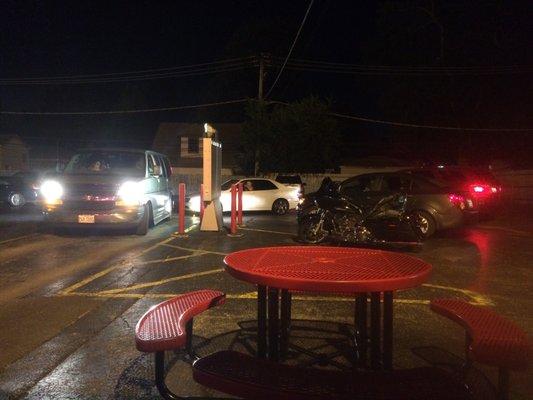 Busy drive thru. It has outdoor seating.