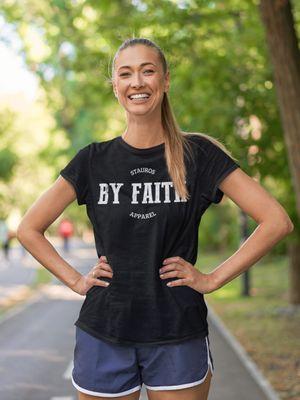 By Faith Men's and Women's Christian T-Shirt. Bold and stylish from the Stauros Apparel Shop Collection. Sizes up to 6x. Largest selection.