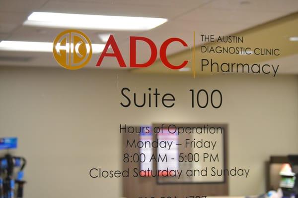 ADC Pharmacy located at ADC's north location inside St. David's North Austin Medical Center, 1st Floor, South Entrance.