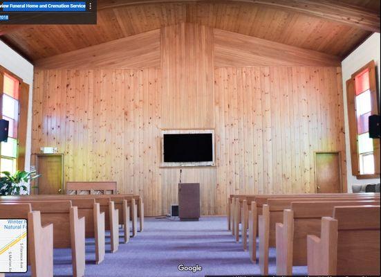 Lakeview's beautiful warm open ceiling chapel.