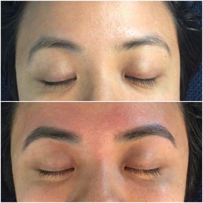 Eyebrow wax and tint, before and after.