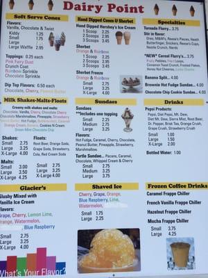 Ice cream menu