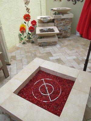 Fire pit + square tiered water feature