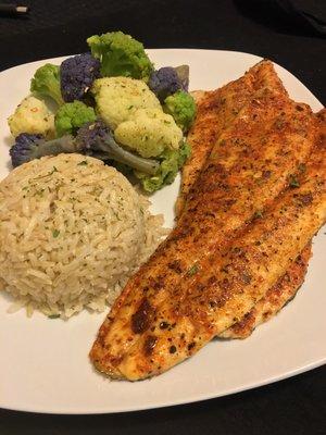 Cajun Trout with Parmesan Brown Rice & Rainbow Cauliflower