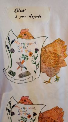 Four color process chicken on white Gildan Softstyle.   Handrawn by kids at Hayground School!