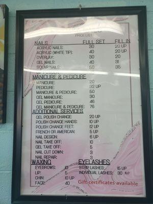 Price list for services