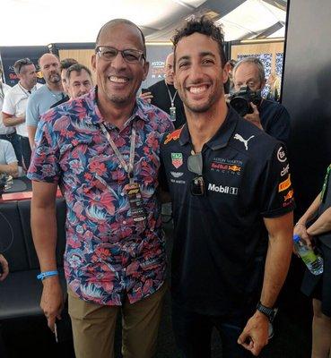 Our guest Eli meeting Ricciardo in the Red Bull Paddock