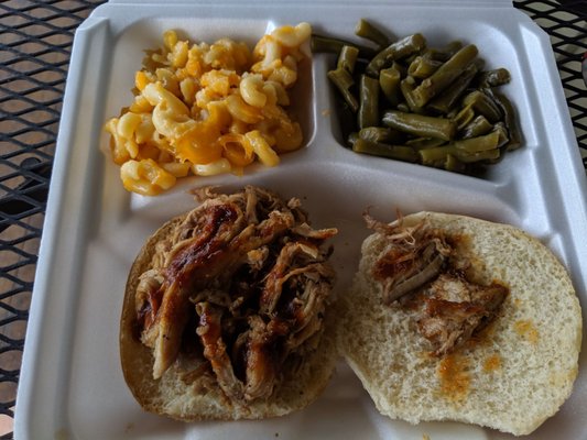 BBQ park sandwich, green beans and Mac platter