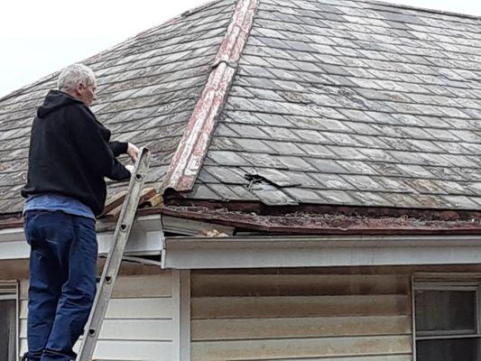 Tree damaged box gutters and roof slate inspection.