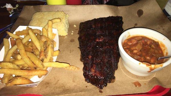 Half-rack mesquite bbq ribs with brisket chili and fries