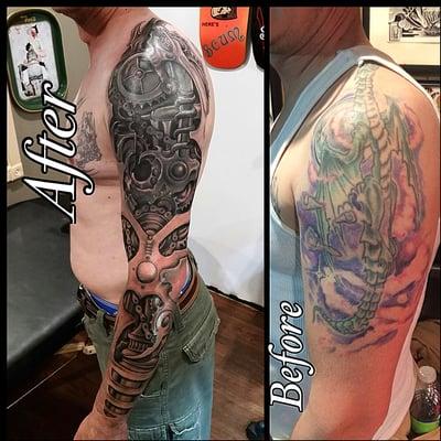 Cover-up Steam Punk style sleeve tattoo done by Big Phil.