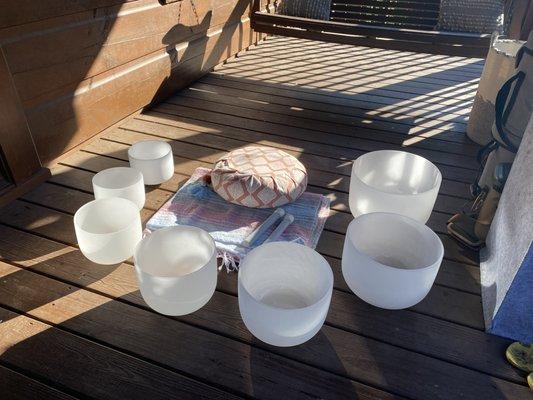 Crystal singing bowl sound baths are an optional add on to your yoga experience.