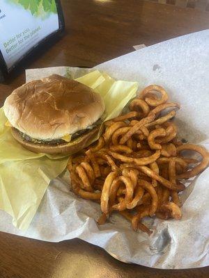 Cheeseburger and curly fries