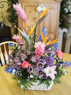 Tropical Birds of Paradise, Pink Ginger, Lilys, Delphinium, Poms