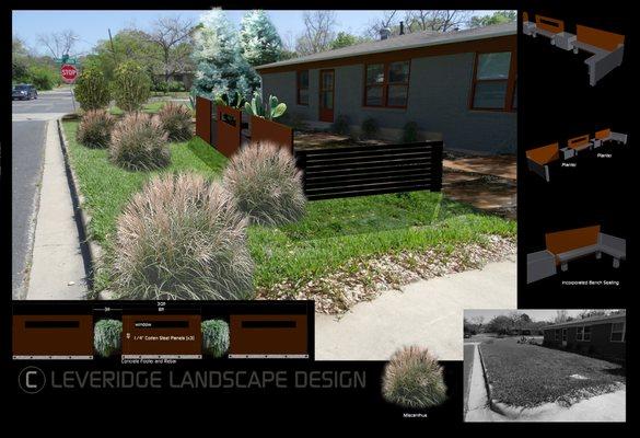 Design Rendering: before and after. Visualization of new trim color. New planting scheme, contouring and pathways. Side courtyard design inc