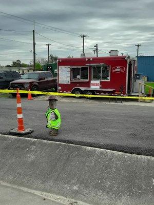 Officer Chow Down directing traffic in front of the trailer....be safe out there