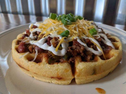 Chili on a Cornbread Waffle.