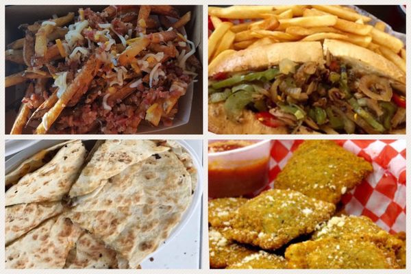 Loaded fresh cut fries (real bacon & shredded 3 cheese blend), quesadilla, cheese steak & fries, and fried cheese ravioli