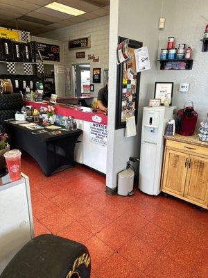 Front desks and drink station.