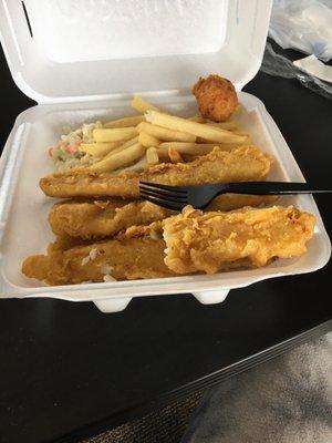 4 pc battered fish w/ fries and coke slaw :)