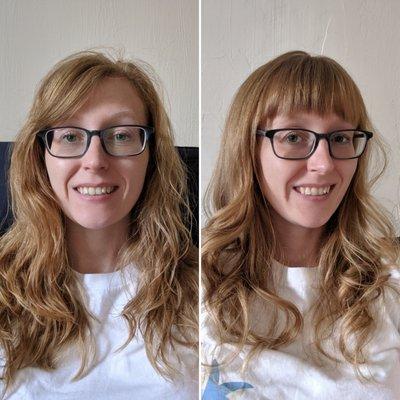 Before on the left vs after on the right with bangs and lots of texture that didn't all clump together in one spot on one side.