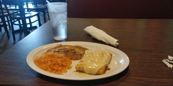 Chimichanga, rice, and beans lunch special.