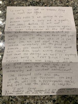 Letter from neighbor (back)