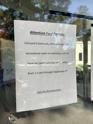 As of 8/9/23 they canceled weekday swimming. What gives??