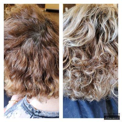 Color correction to get rid of the reddish orange hair.  I foiled in the colors of blonde.