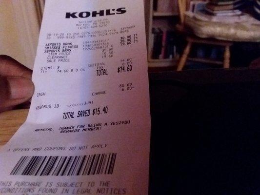 My Koh's store receipt.