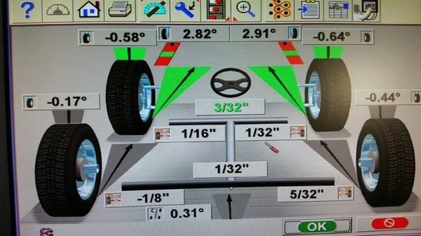 precision alignment on every job.no guessing here,its in the red or green.all vehicles are 4 wheel alignment. if the rear is not straight it