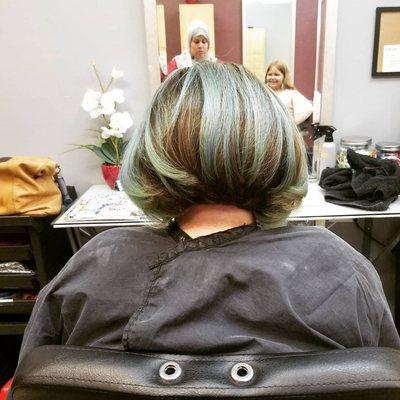 Classic bob cut with 5 foils of bleach in the bang area and a color wash