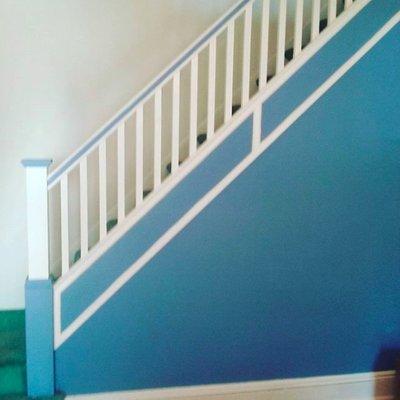 Stratford blue base color, Cotton tail trim #Staircasepainting #benjaminmoore #interiorpainting