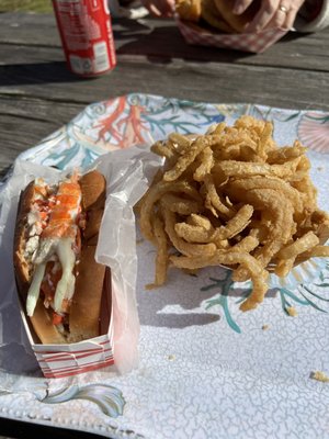 Lobster roll and onion rings