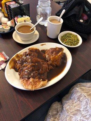 Open face pork mashed potatoes and peas,