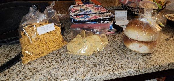 Snacks and sweet bread. The sweet bread doesnt taste anything like sweet bread. Its regular dry bread with tutti fruiti inserted into it.