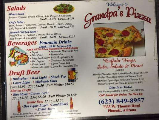 Grandpa's Pizza Menu