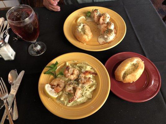 Crab Cake Stuffed Shrimp, Fried Potatoes & Shrimp Alfredo Pesto Pasta