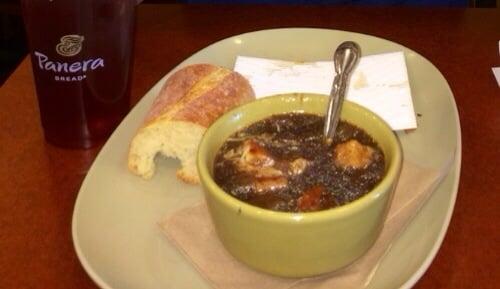 The Cup of Bistro French onion Soup along with Raspberry Ice Tea.