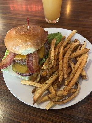 Massive bacon cheeseburger and fries