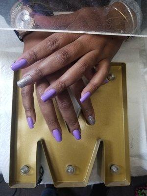 Active length fullset tips with acrylic purple gel with sparkling accent nail.