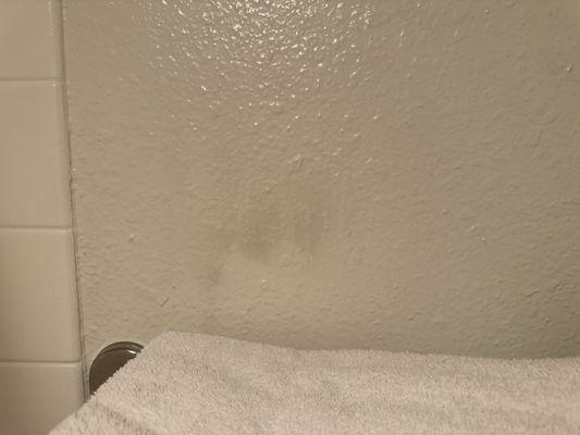 Behind the towels, grease/dirt, something that was transferred from a hand to the wall