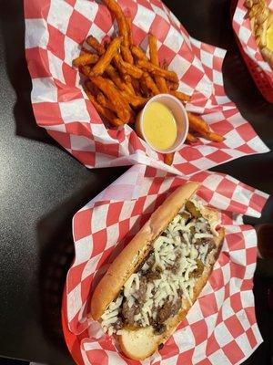 Steak bomb sandwich and sweet potato fries