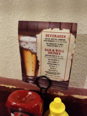 Beverage menu