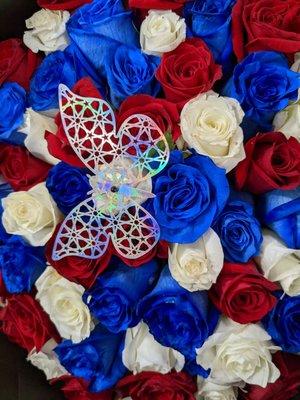 Red white and blue roses