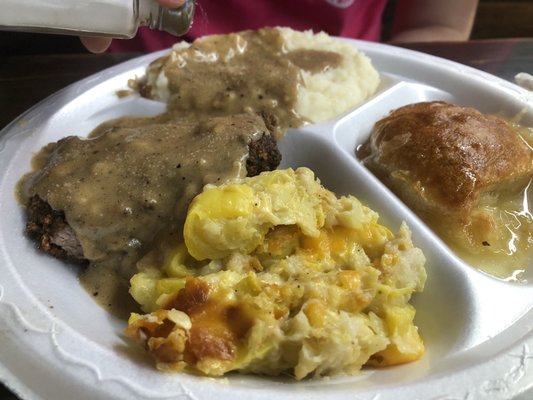 Cube Steak and Gravy, Squash Casserole, Mashed Potatoes and Gravy, Apple Betty -- and a Diet Coke, all for $8.50