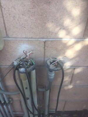 Exposed electrical at pool and spa. Spa not operational. Repair work in process. Call for re inspect once completed.