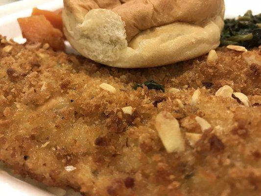 Almond-Encrusted Catfish. Not bad. Tasty sides: sweet potatoes and spinach.